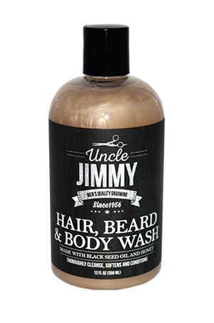 A bottle of Uncle Jimmy Hair, Beard & Body Wash with a black label and transparent liquid visible inside.